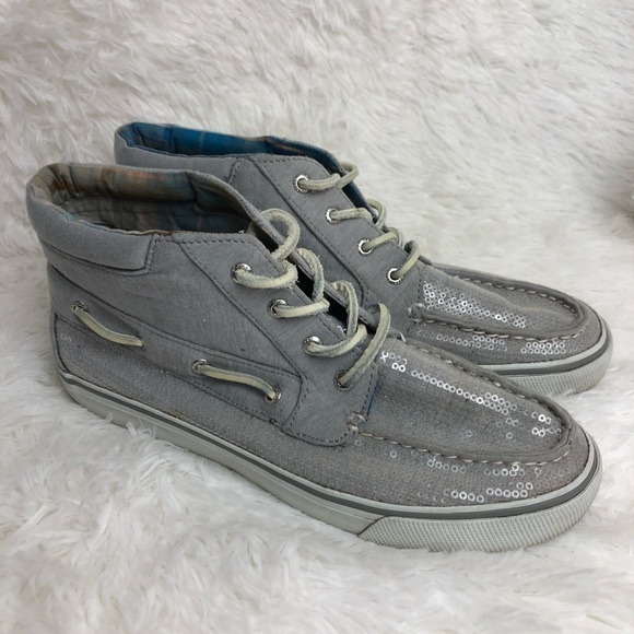 SPERRY High Top Gray/Silver Sequin Shoes. EUC. - Picture 1 of 6
